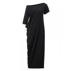 Casual loose women one shoulder pure color batwing sleeve maxi dresses Sal