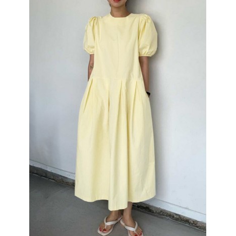Casual plain round neck puff sleeve side zipper solid stitching maxi dress with pocket Sal