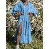 Casual solid v-neck ruffles puff sleeves high slit maxi dress Sal
