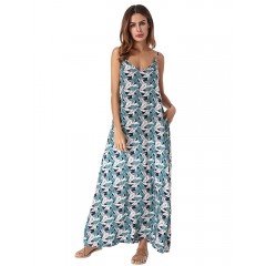 Casual women feather printed v-neck spaghetti strap long dress Sal