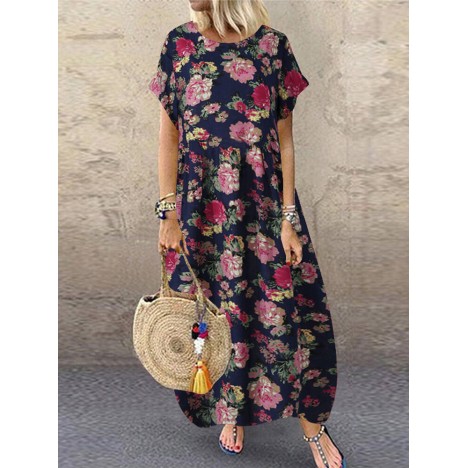 Ethnic style flower print vintage short sleeve loose maxi dress with pockets Sal