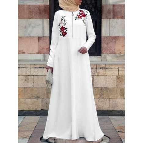 Floral embroidery zipper front long sleeve bohemian casual maxi dress for women Sal
