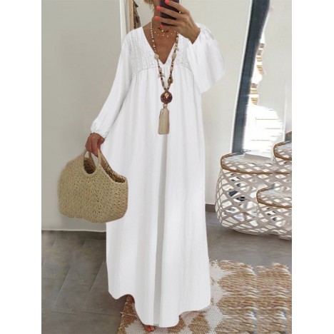 Lace stitching v-neck long sleeve elastic cuffs loose casual maxi dress Sal