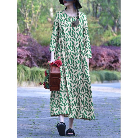 Leaf print side frog button 3/4 sleeve casual maxi dresses for women Sal