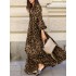 Leopard print v-neck puff sleeve lace-up maxi dress for women Sal