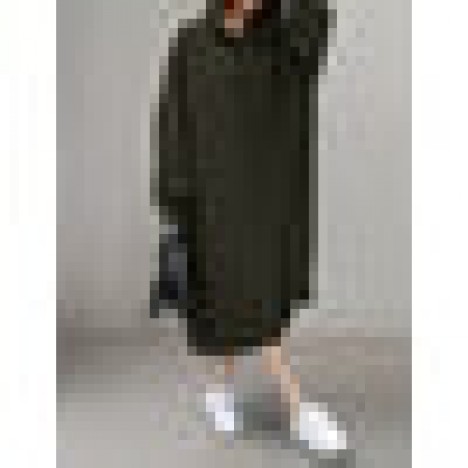 Loose solid color puff sleeve hooded sweatshirt maxi dress with side pockets Sal