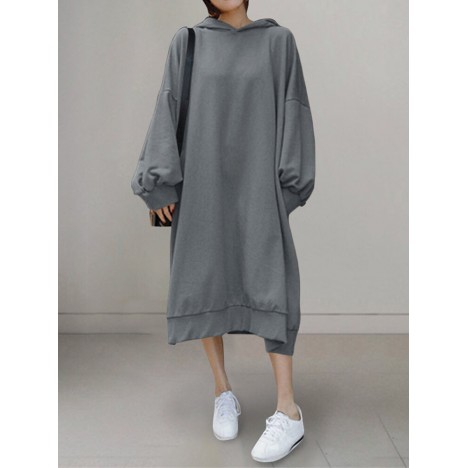 Loose solid color puff sleeve hooded sweatshirt maxi dress with side pockets Sal
