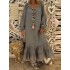 Retro women loose solid v-neck lace patchwork long sleeve maxi dress Sal