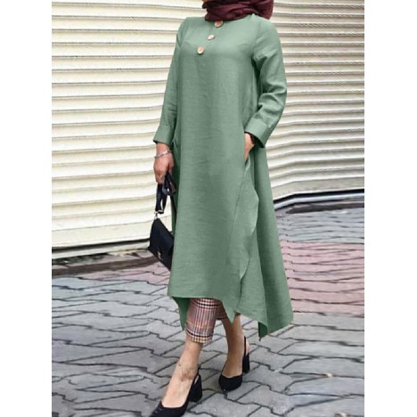 Solid color button decoration irregular hem casual muslim maxi dress with side pockets Sal