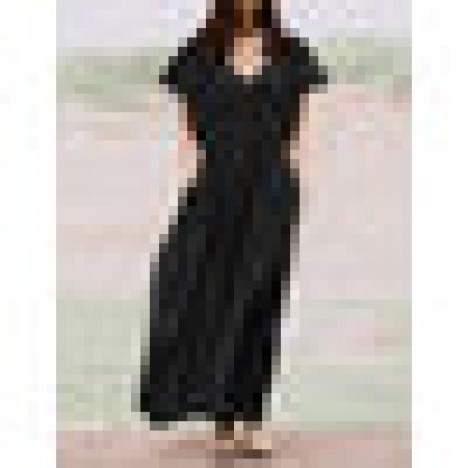 Solid color elastic waist cotton short sleeve holiday maxi dress with side pockets Sal