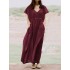 Solid color elastic waist cotton short sleeve holiday maxi dress with side pockets Sal