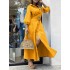 Solid color lapel puff sleeves button belted maxi shirt dress Sal