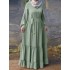 Solid color o-neck back zipper lace-up long sleeve belted pleated maxi dress Sal