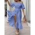 Solid color off shoulder pleated ruffles zipper casual holiday maxi dress Sal