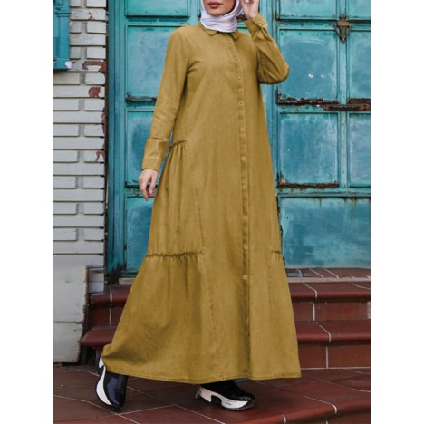 Solid color retro button up lapel long sleeve casual muslim dress abaya kaftan for women Sal