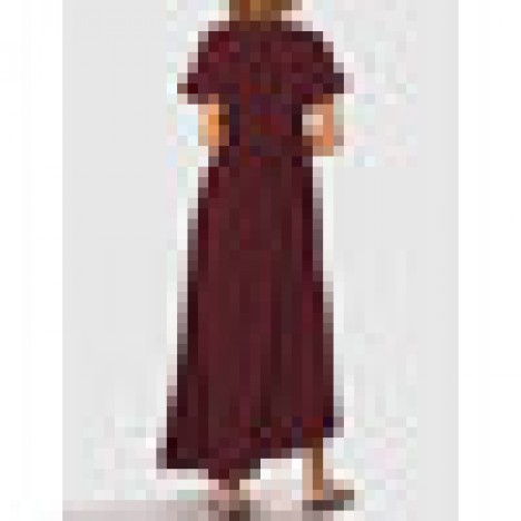 Solid color v-neck short sleeve pleated patchwork irregular hem maxi dress Sal