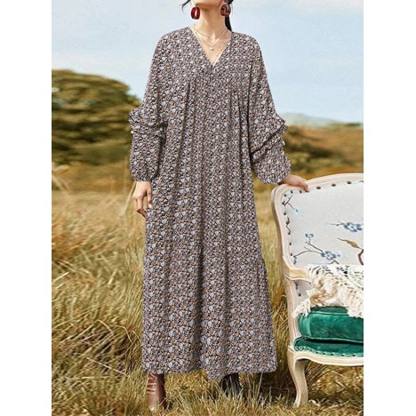 Vintage floral print ruffle puff sleeve v-neck casual daily maxi dress for women Sal