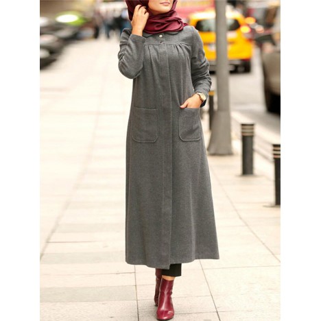 Winter solid color front pockets casual kaftan tunic muslim maxi dress Sal