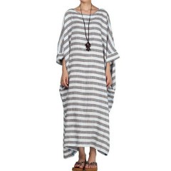 Women 3/4 sleeve round neck striped loose long maxi dress with side pockets Sal