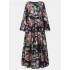 Women calico print pleated casual long sleeve maxi dresses with pocket Sal