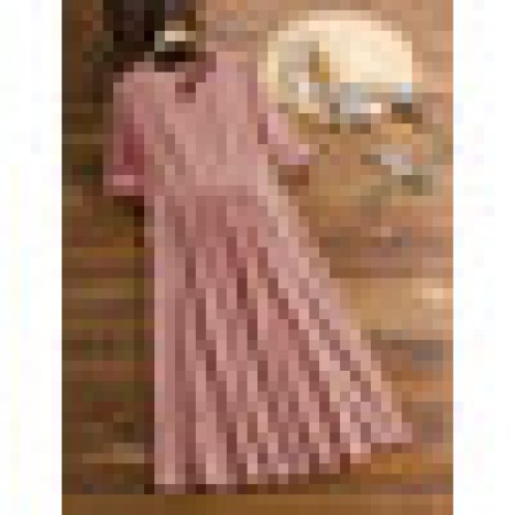 Women casual pure color v-neck cotton linen half sleeve dress Sal
