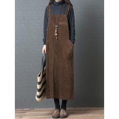 Women casual solid color corduroy strap dress with pockets Sal