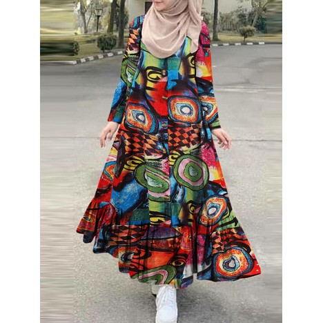 Women cotton color abstract printing loose robe casual ruffles hem bohemian maxi shirt dress Sal