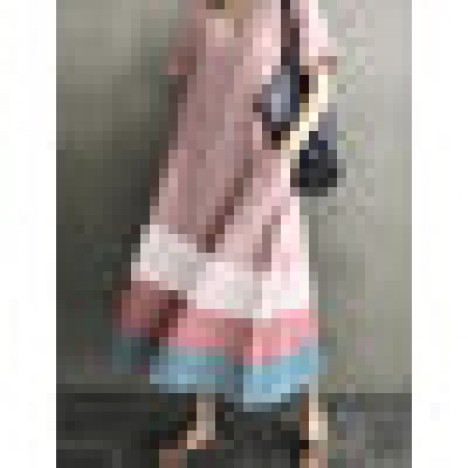 Women cotton contrast color stripe print v-neck side pocket maxi dress Sal