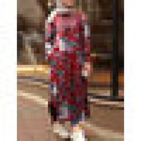Women cotton floral print loose contrast color robe kaftan split hem shirt dress with pocket Sal