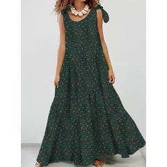 Women cotton floral printing sleeveless detachable bohemian lace-up pleated maxi dress Sal