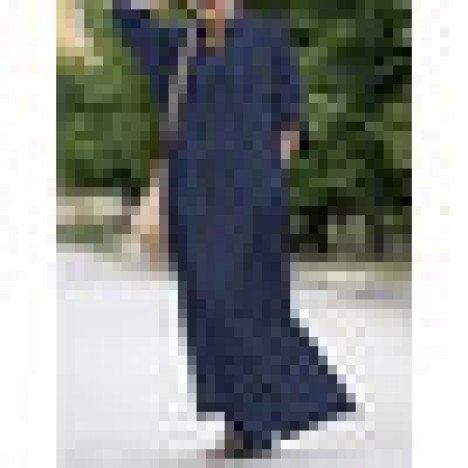 Women cotton side fork long sleeve casual kaftan maxi dresses with pocket Sal