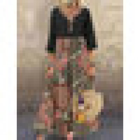 Women cotton vintage colorblock print notched neckline holiday bohemia maxi dress Sal