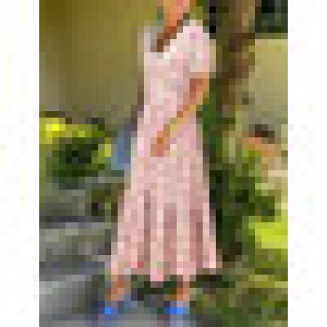 Women ditsy floral print u-neck short sleeve casual fishtail swing maxi dress Sal