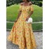 Women elastic square collar floral print holiday casual floor maxi dress with belt Sal