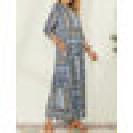 Women ethnic style print v-neck side pocket 3/4 sleeve vintage maxi dress Sal