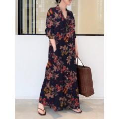 Women floral print button up retro long sleeve maxi shirt dresses with pocket Sal