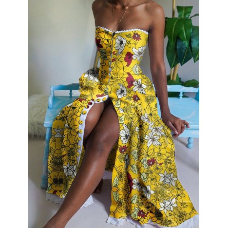 Women floral print button up sleeveless slim bandeau maxi dresses Sal