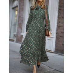 Women floral print lace-up long sleeve side zipper casual daily maxi dress Sal