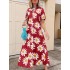 Women floral print short sleeve o-neck holiday maxi dress Sal