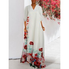 Women floral print v-neck 3/4 sleeve casual maxi dress Sal