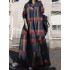 Women grid printing lapel long sleeve vintage shirt maxi dresses with pocket Sal