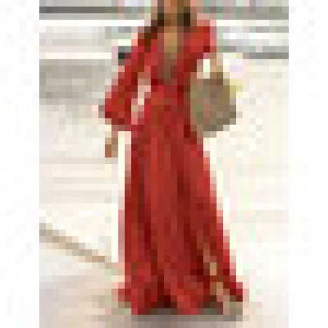 Women lace-up high split v-neck holiday elegant long sleeve solid color maxi dress Sal