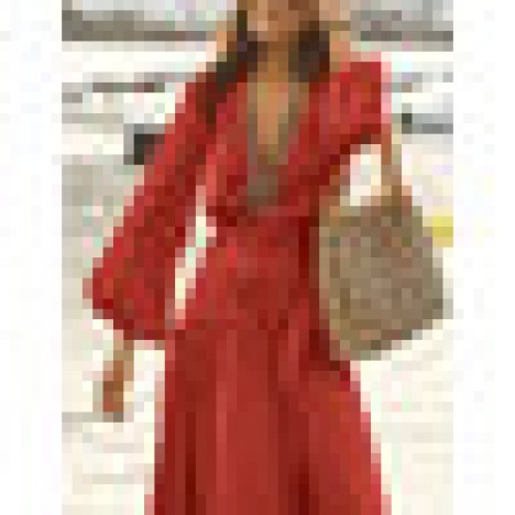 Women lace-up high split v-neck holiday elegant long sleeve solid color maxi dress Sal