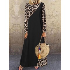 Women leopard patchwork crew neck long sleeve vintage dress Sal