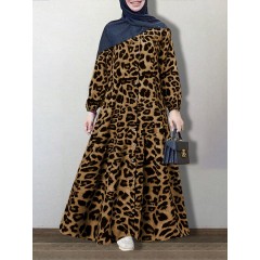 Women leopard printed button down front long sleeve maxi dress Sal