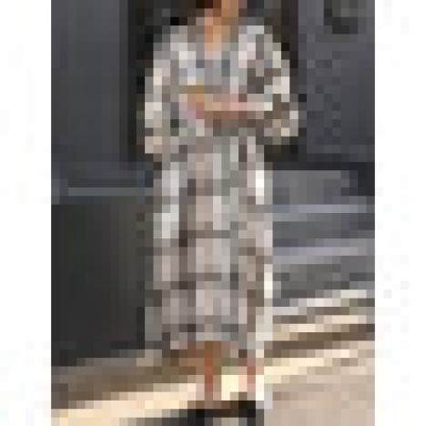Women plaid print v-neck long sleeve pocket maxi dresses with sashes Sal