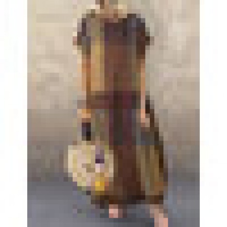 Women plaid short sleeve crew neck side pocket baggy vintage long maxi dress Sal