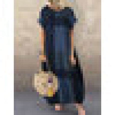 Women plaid short sleeve crew neck side pocket baggy vintage long maxi dress Sal