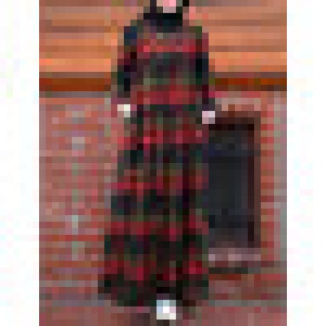 Women plaid tiered round neck vintage long sleeve maxi dresses with pocket Sal