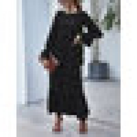 Women polka dot print pleated o-neck casual long sleeve layered maxi dress Sal